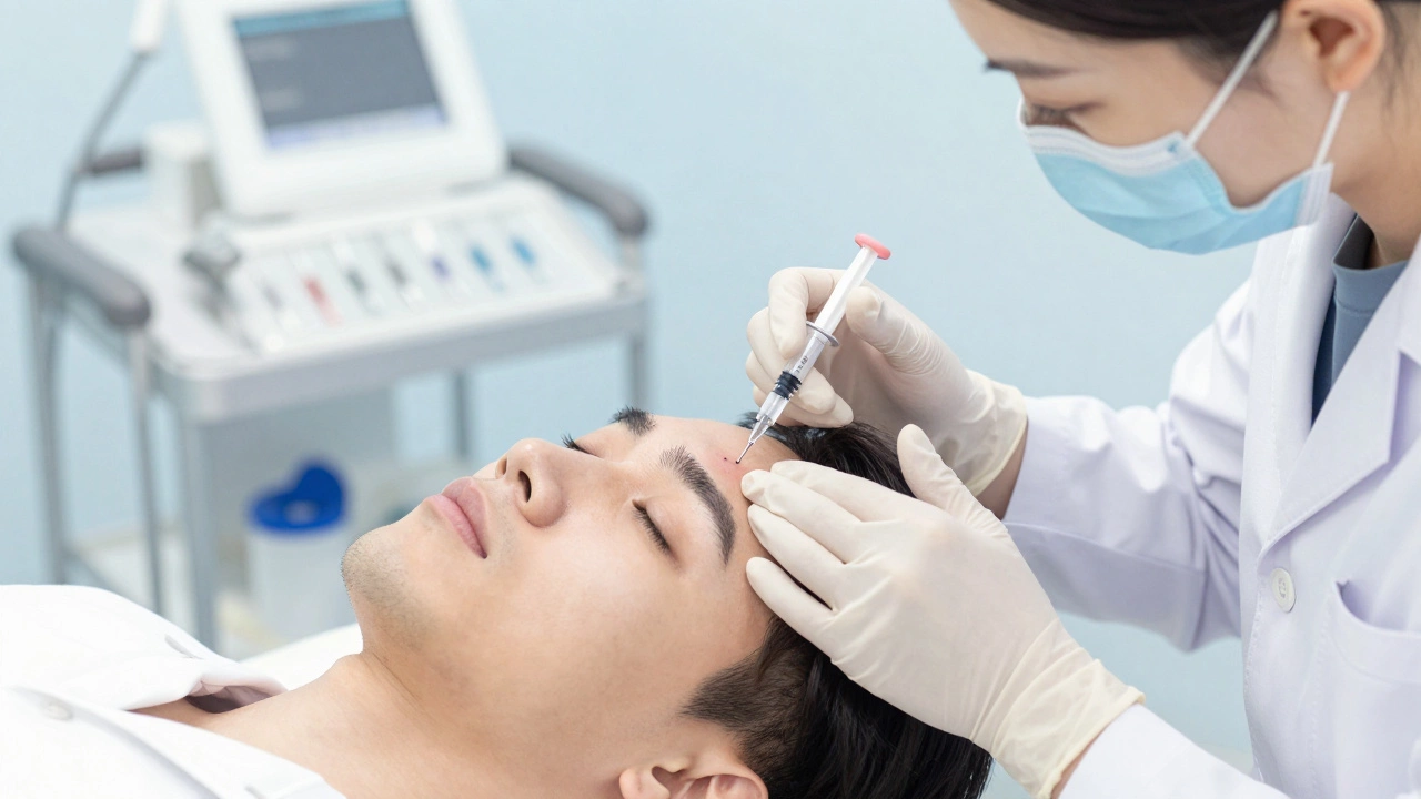 Dermatologist administering Botox injection to a patient's forehead.