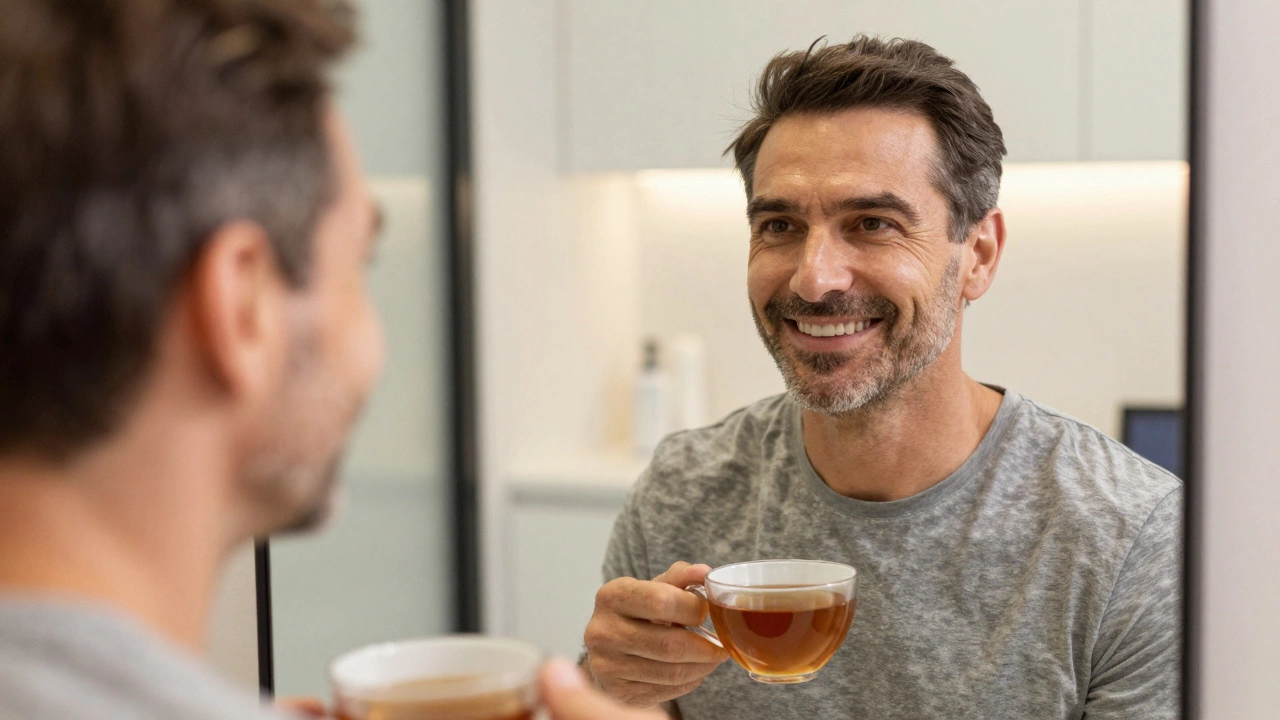 Man in mirror after RF treatment, jawline more defined, glowing skin, calm clinic setting.