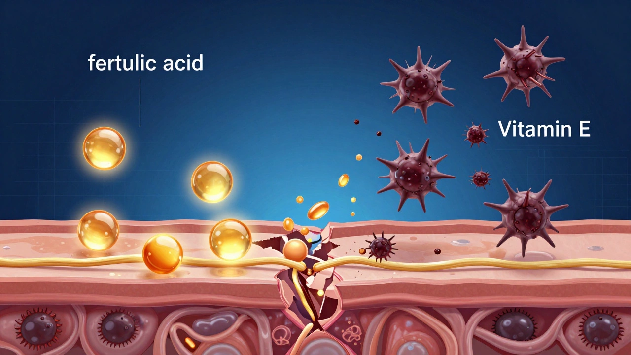 Molecular repair process in skin showing retinol and vitamin C neutralizing free radicals.
