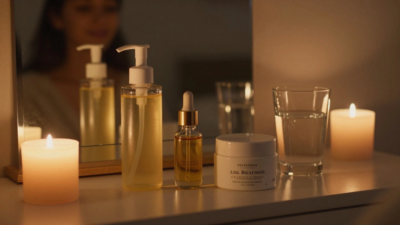 Nighttime skincare products on a vanity in soft candlelight, with a mirror reflecting calm skin.