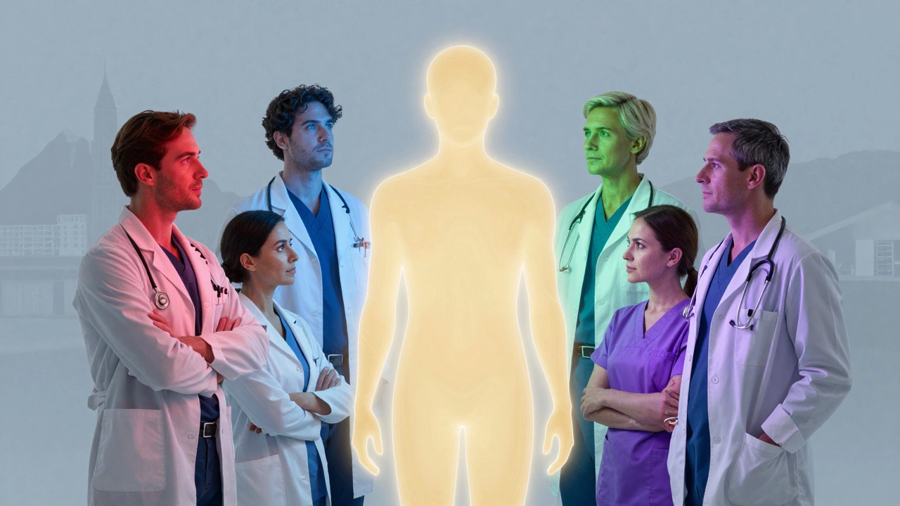 Six dermatologists united around a patient, symbolizing collaborative skin care expertise.