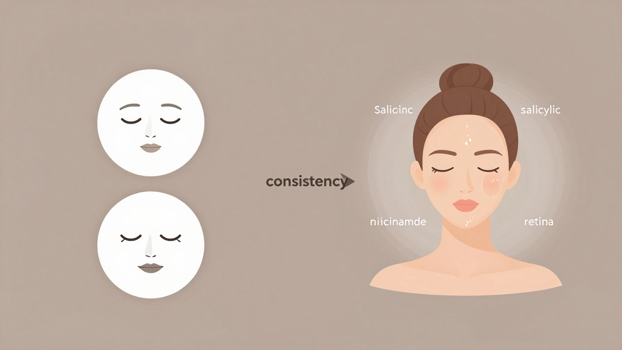 Split visual showing simple skincare steps on one side and targeted treatments on the other.