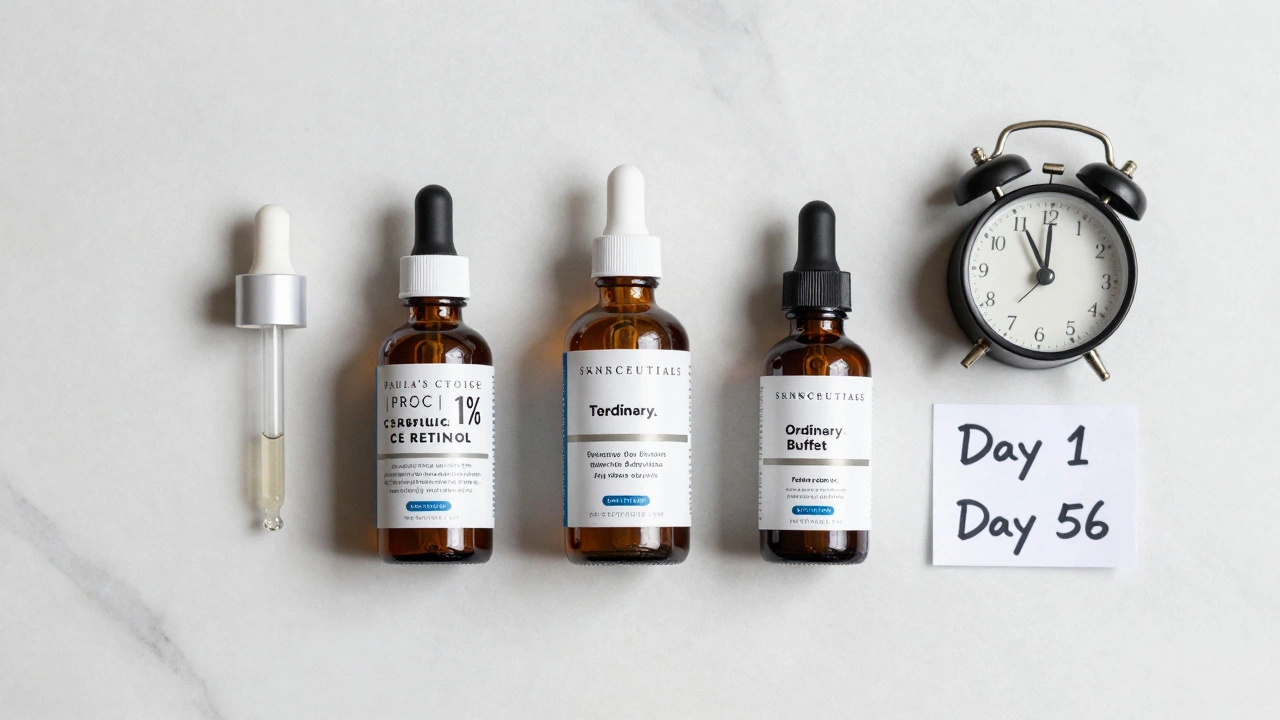 Three science-backed anti-aging serums on marble with clock and handwritten date notes.