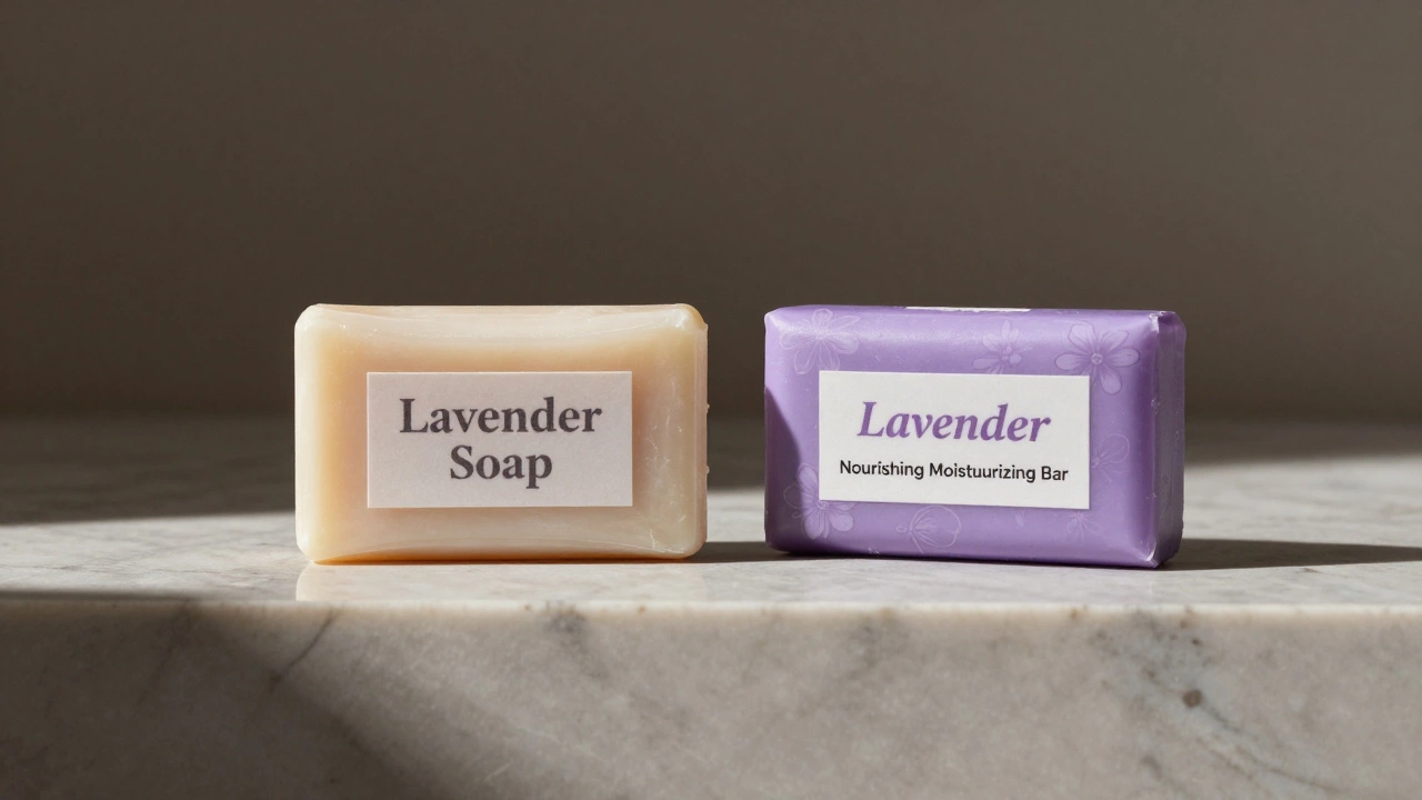 Two soap bars side by side with different labels—one plain, one marketed as moisturizing.