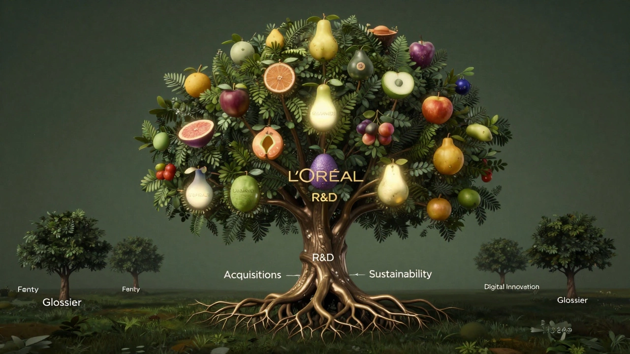 A giant tree of beauty brands with smaller brands fading in its shadow, symbolizing L'Oréal's market dominance.