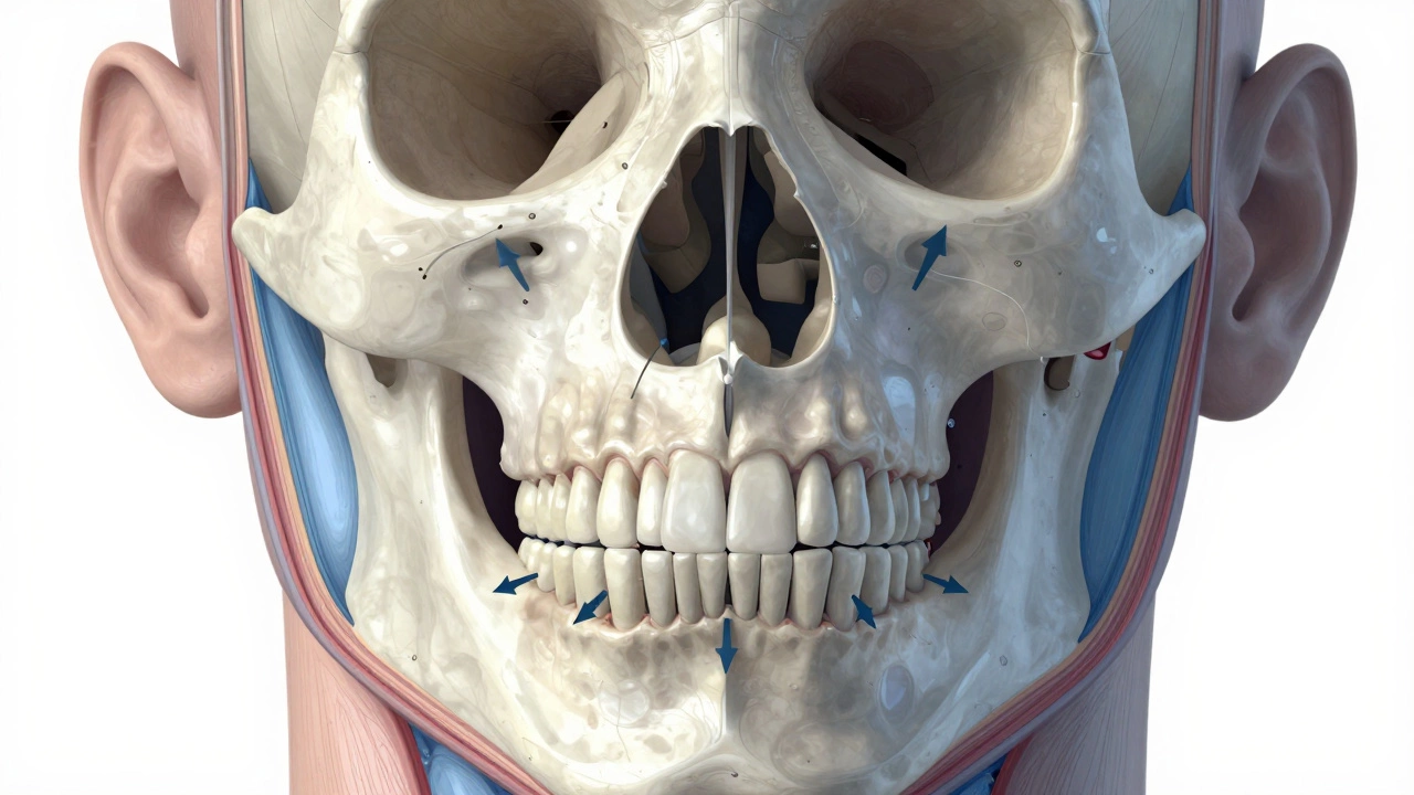 Cross-sectional view of facial bones and tissues showing structural changes due to aging between 30 and 50.