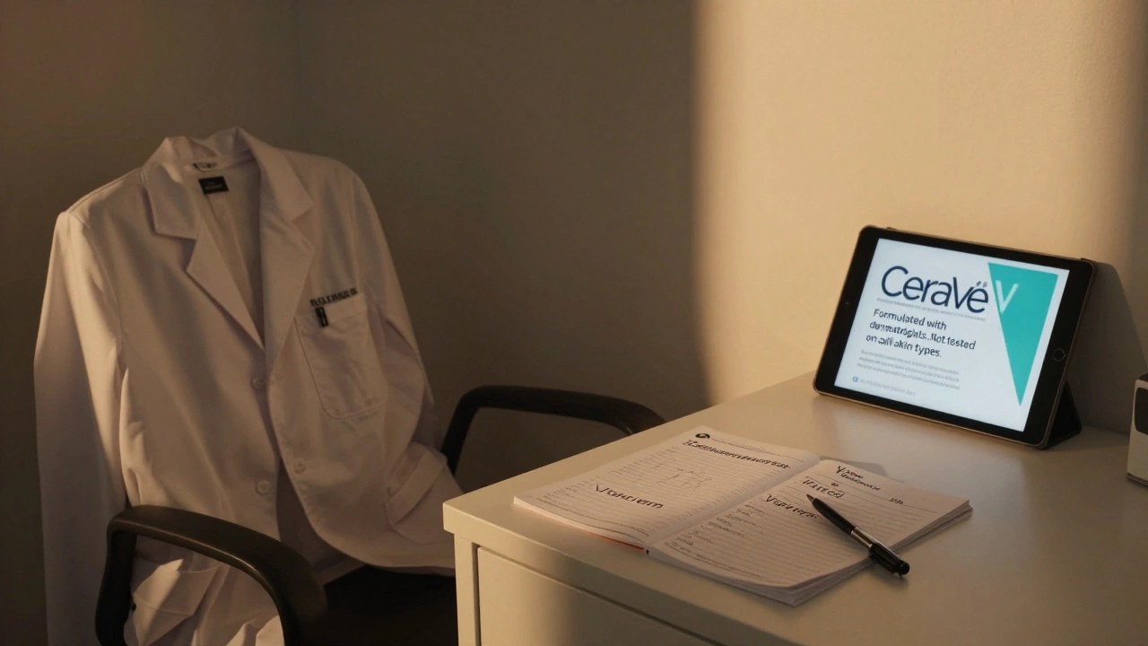 Empty dermatologist’s office with prescription pad altered from CeraVe to Vanicream under sunset light.