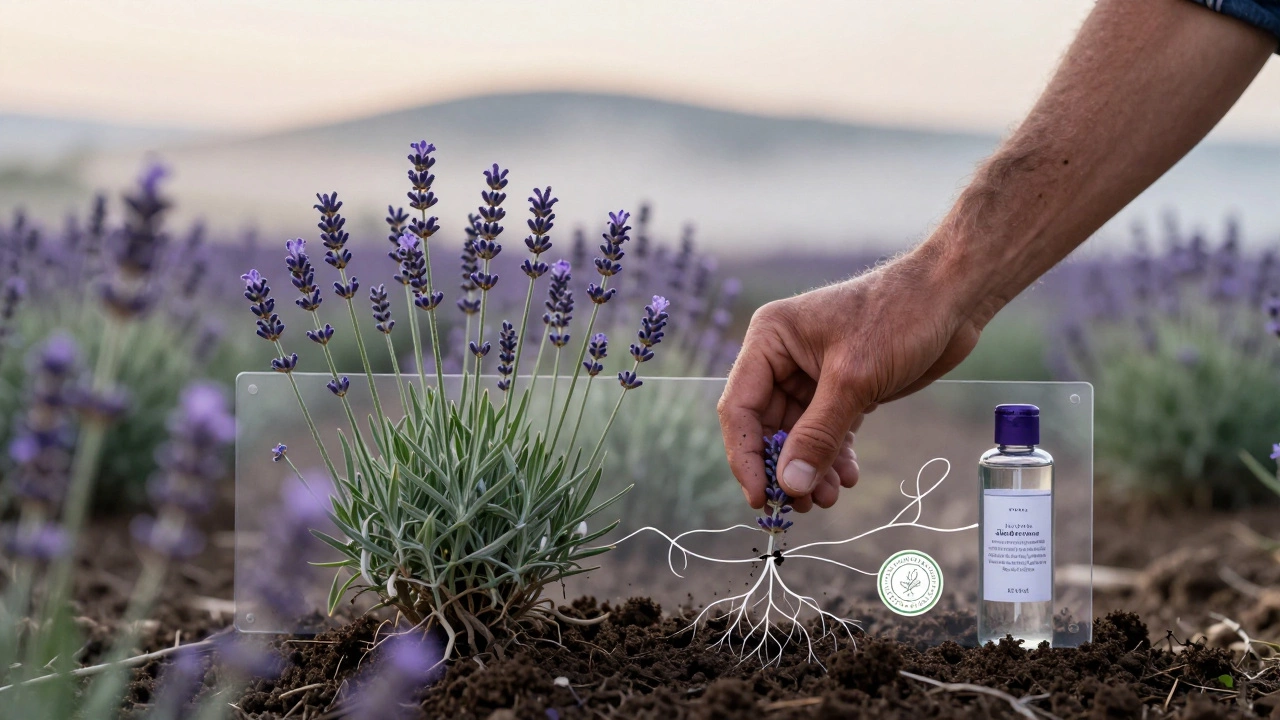 Farmer harvesting organic lavender at dawn with journey overlay to skincare product.