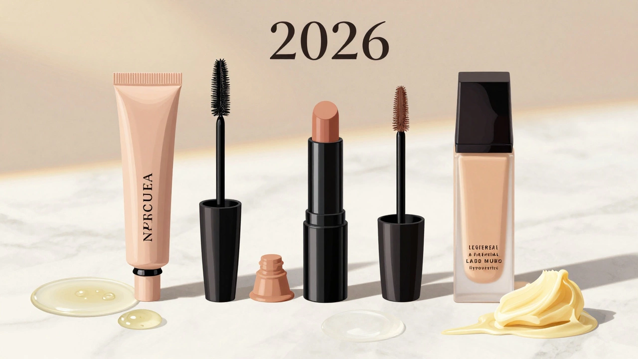 Five daily makeup essentials arranged in soft light: tinted balm, mascara, blush, brow gel, foundation.