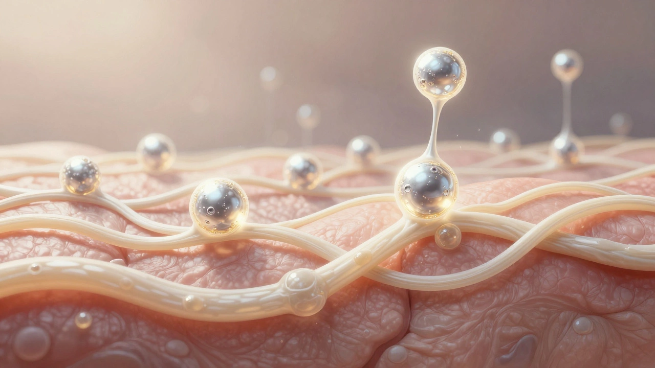 Microscopic view of hyaluronic acid stimulating collagen production in skin layers.