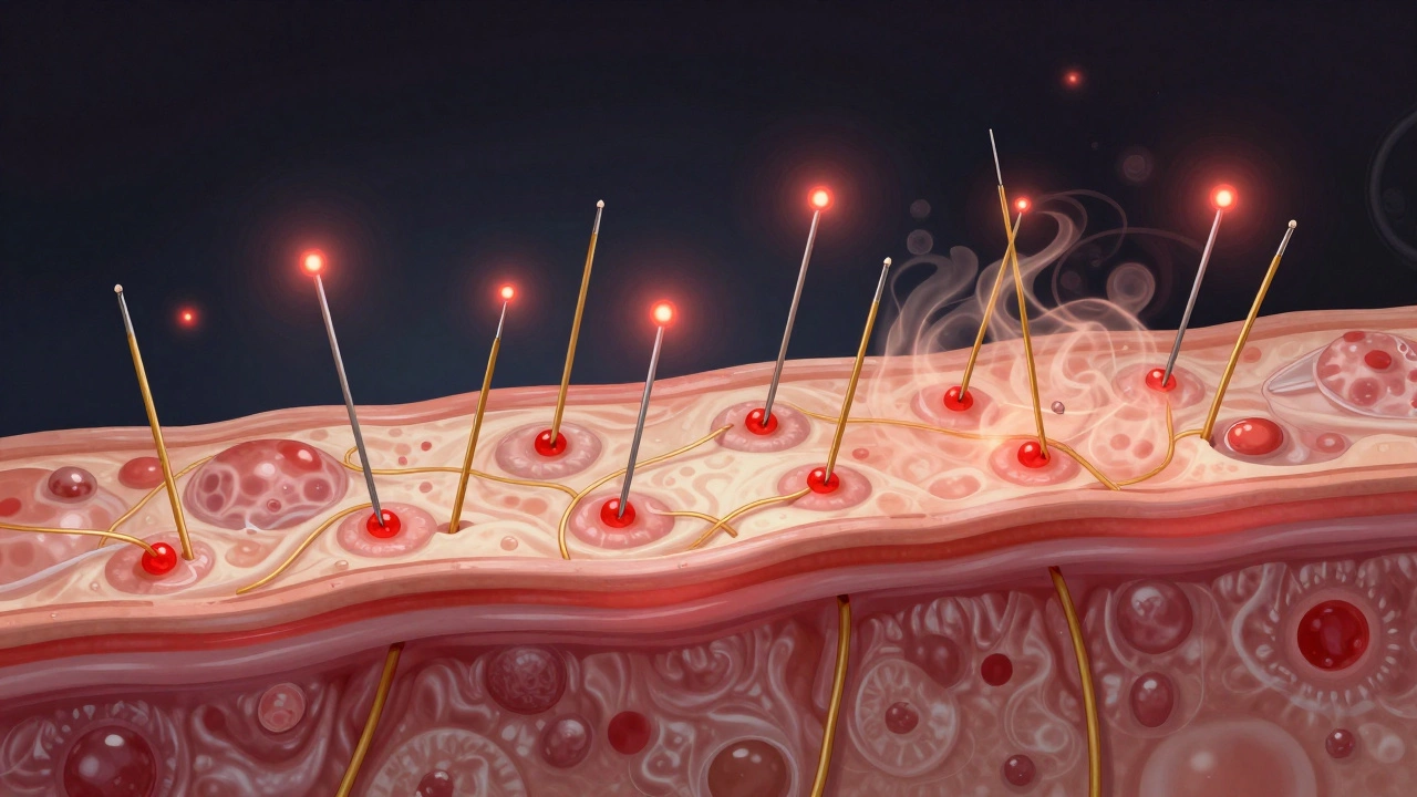 Microscopic view of skin healing with collagen fibers rising from tiny needle punctures, glowing golden threads.