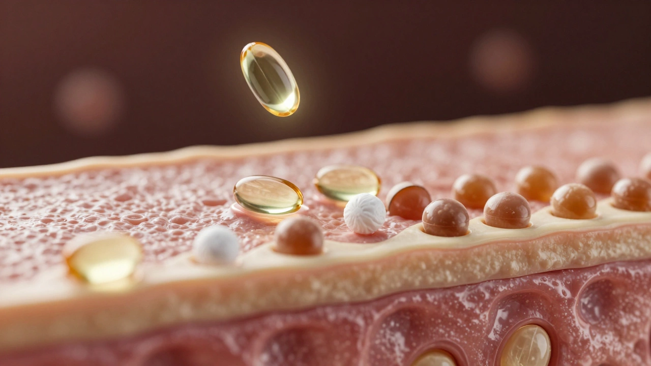 Microscopic view of skincare actives penetrating skin barrier with enhanced cellular structure