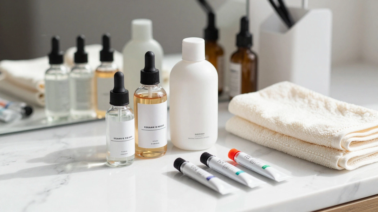 Professional hair products on marble counter