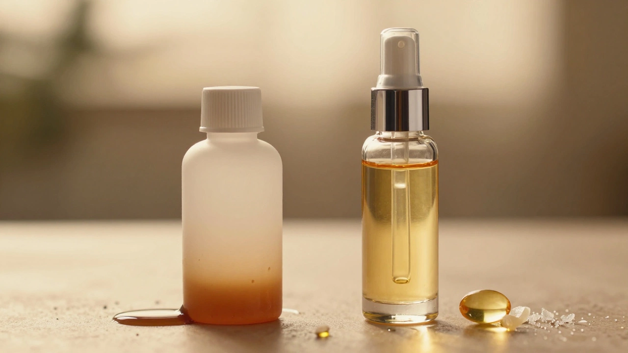 Side-by-side vitamin C serums: one oxidized and cheap, one stable and premium