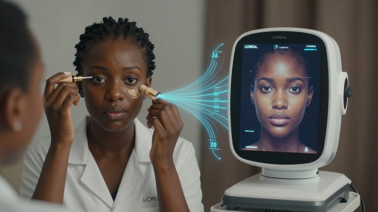 Split scene of skin tone matching in Lagos and AI skin analysis in Shanghai, showing L'Oréal's local innovation.