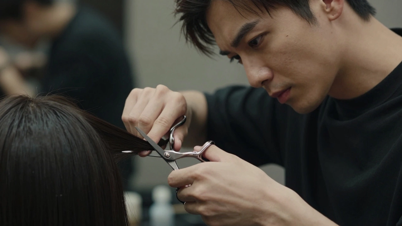 Stylist carefully cutting hair with scissors
