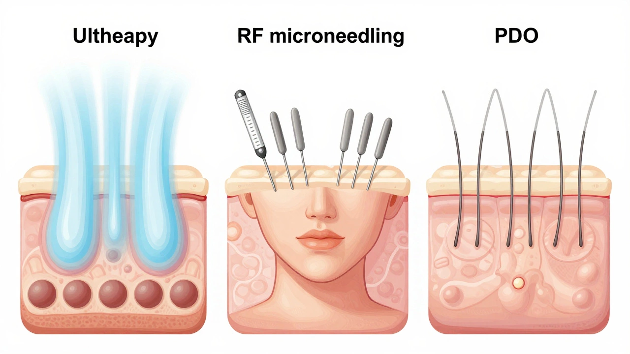 Three non-surgical facial treatments visualized with energy waves and threads lifting skin