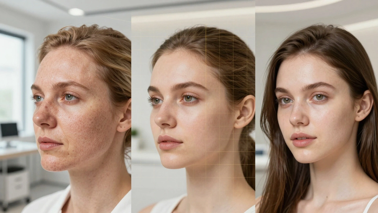 Three panels showing skin texture improvement after RF microneedling treatment.