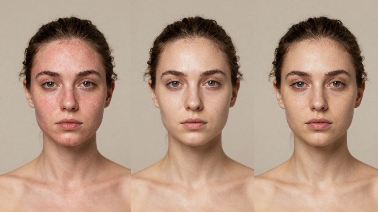 Three-stage progression of skin after microneedling: redness, smoothness, and refined texture over time.