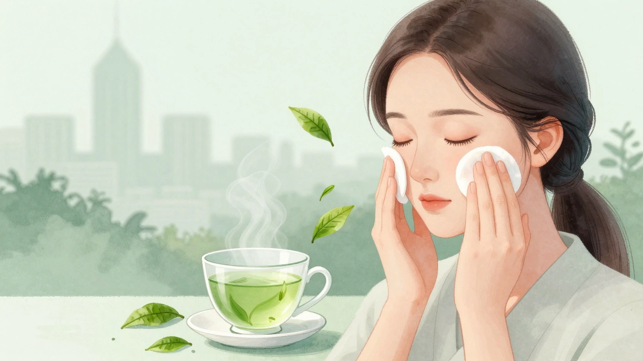 Woman gently patting green tea on her face to combat pollution damage