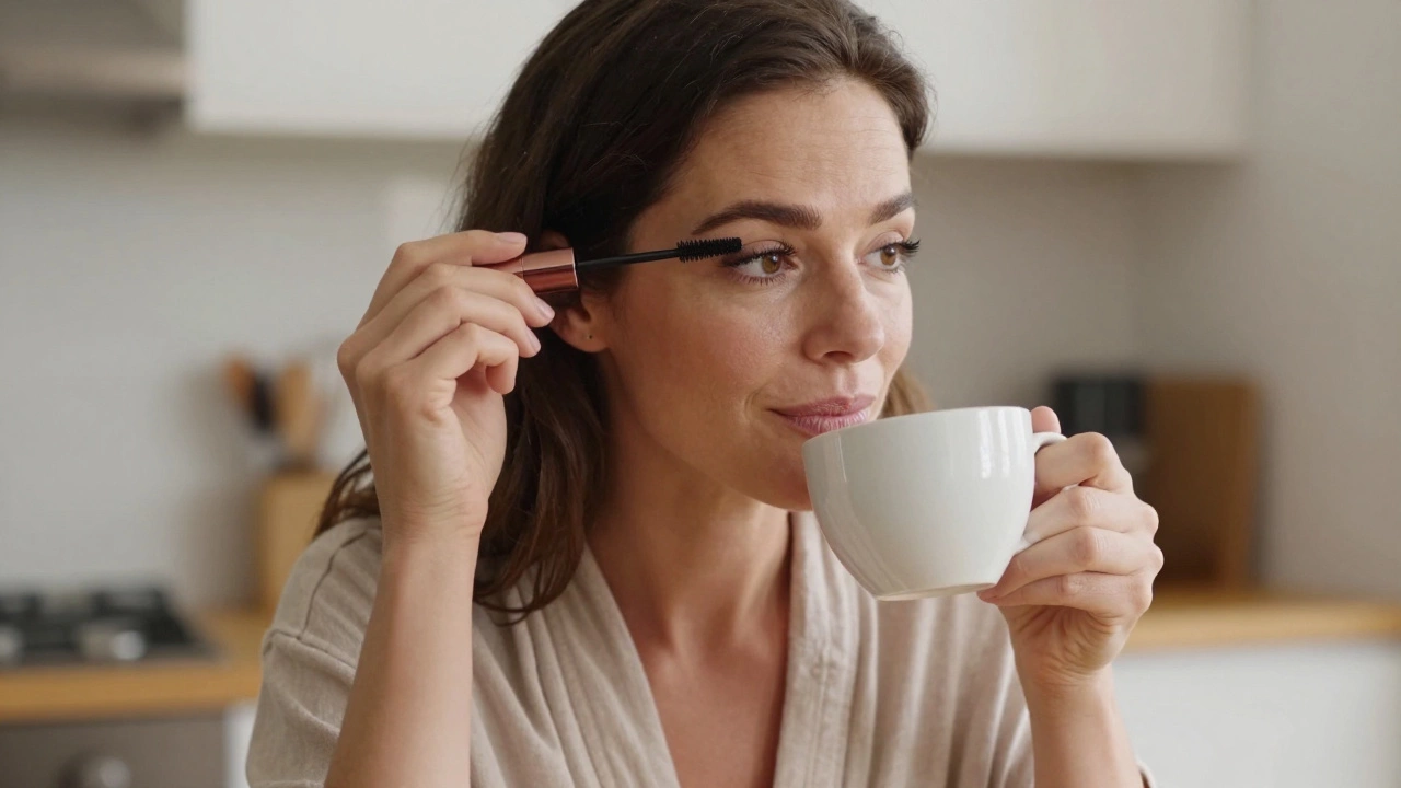Woman mascara at kitchen counter with tinted balm and brow gel nearby, morning coffee in hand.