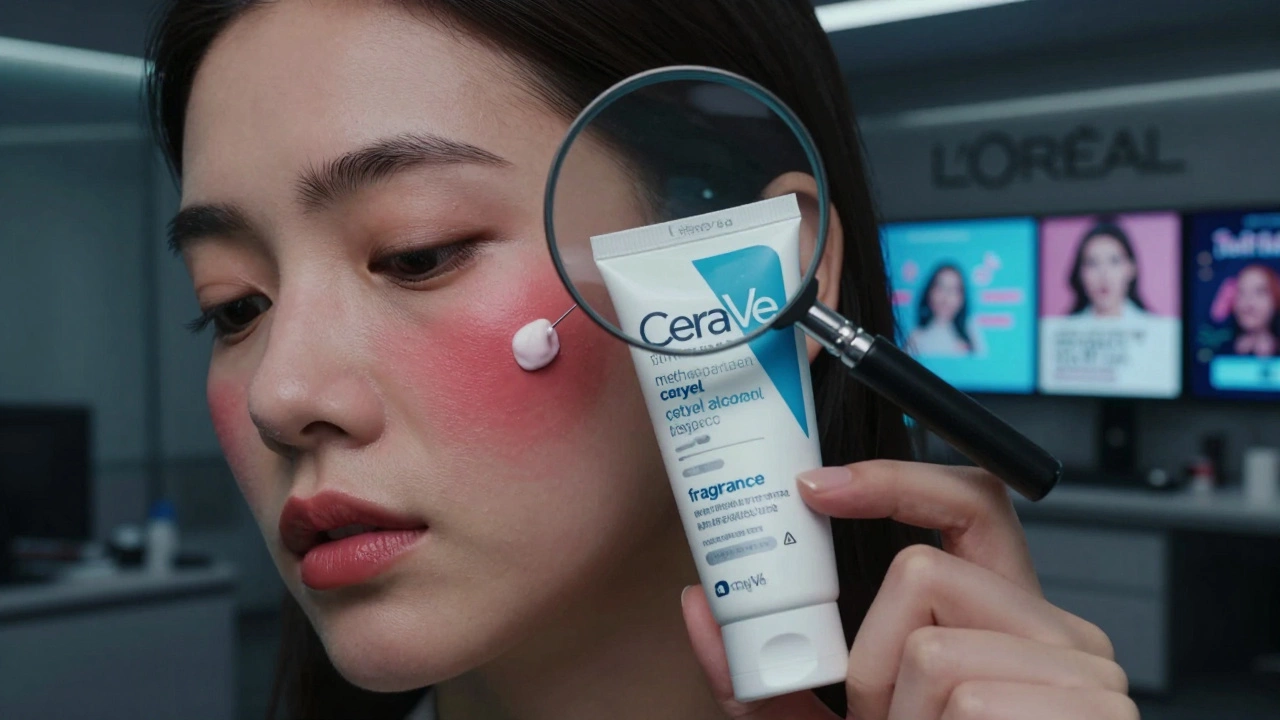 Woman’s sensitive skin beside CeraVe tube with magnifying glass revealing controversial ingredients and corporate shadows.