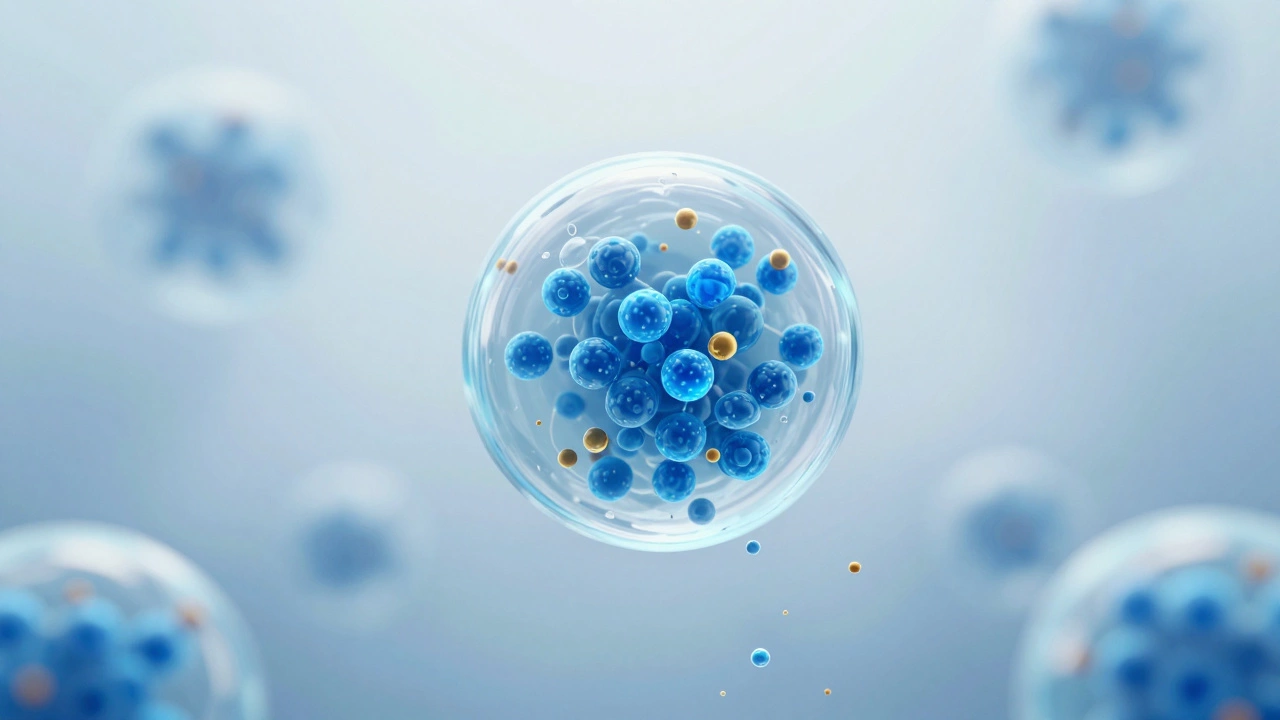 3D visualization of a slow-release emulsion capsule releasing hydration molecules.