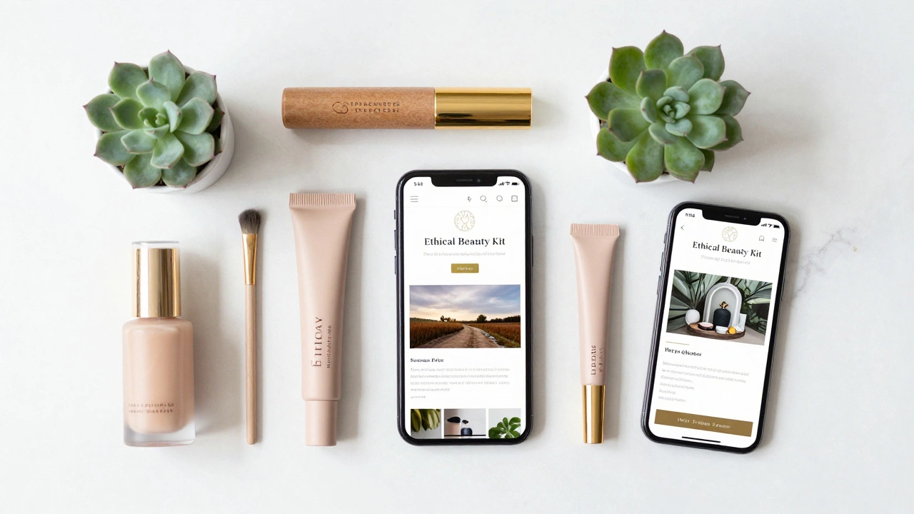 A collection of ethical makeup and a smartphone on a marble surface for a sustainable beauty routine.