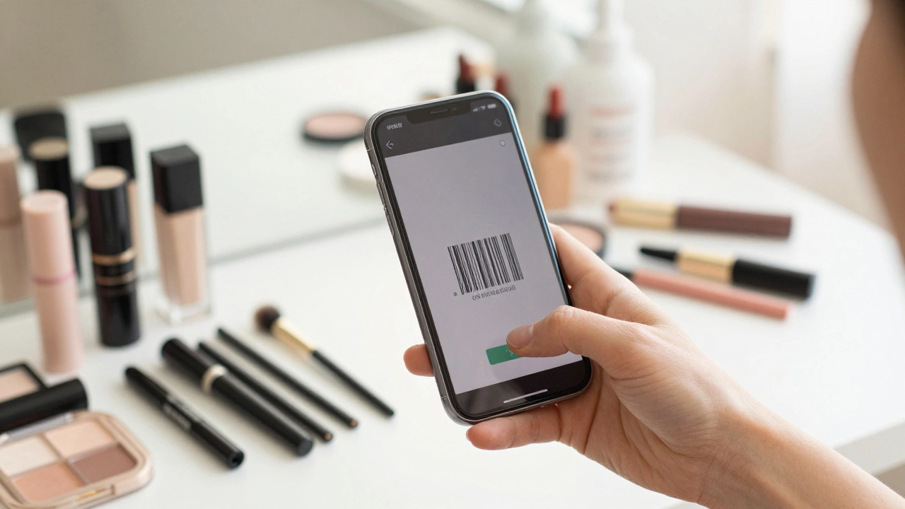 A person using a smartphone app to scan makeup barcodes for cruelty-free certification