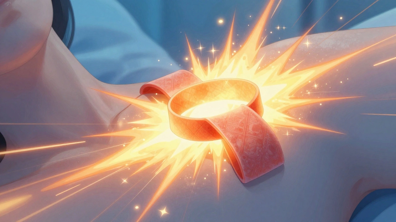 Abstract illustration of a rubber band snapping into golden energy on skin