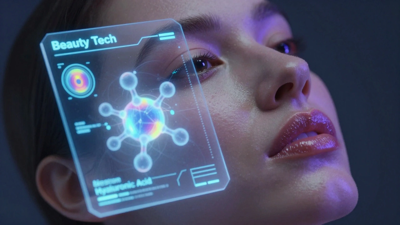 AI-powered skin analysis interface showing biometric data and molecular structures on a face.