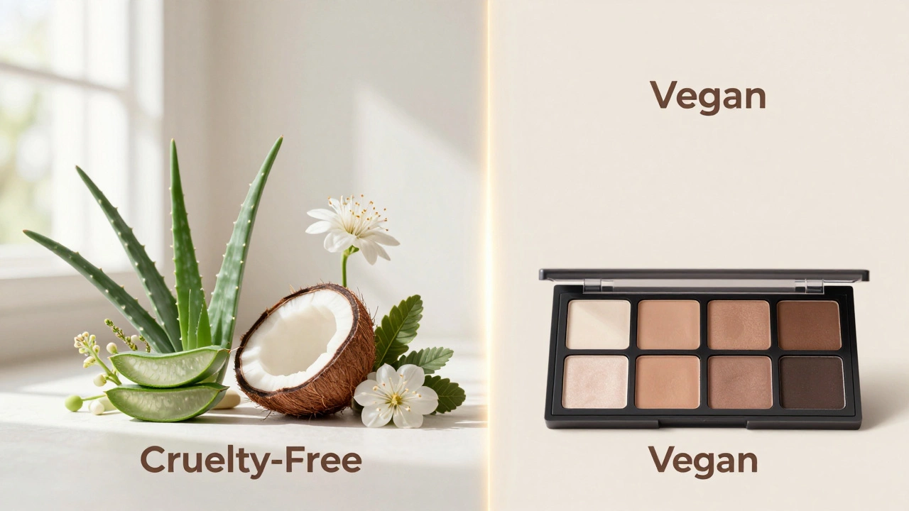 Artistic arrangement of botanical ingredients and makeup representing vegan and cruelty-free beauty.
