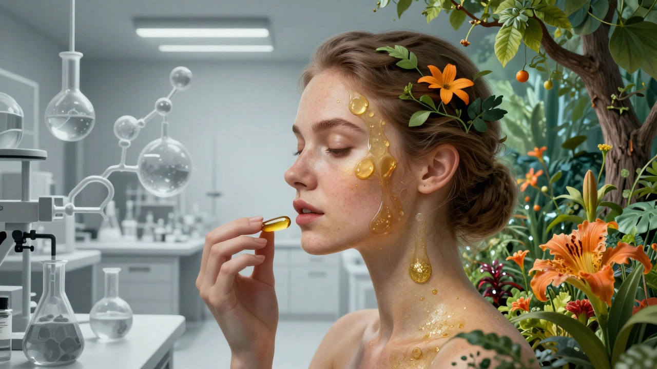 Artistic contrast between a sterile lab and a lush garden showing skin transformation to a natural glow.