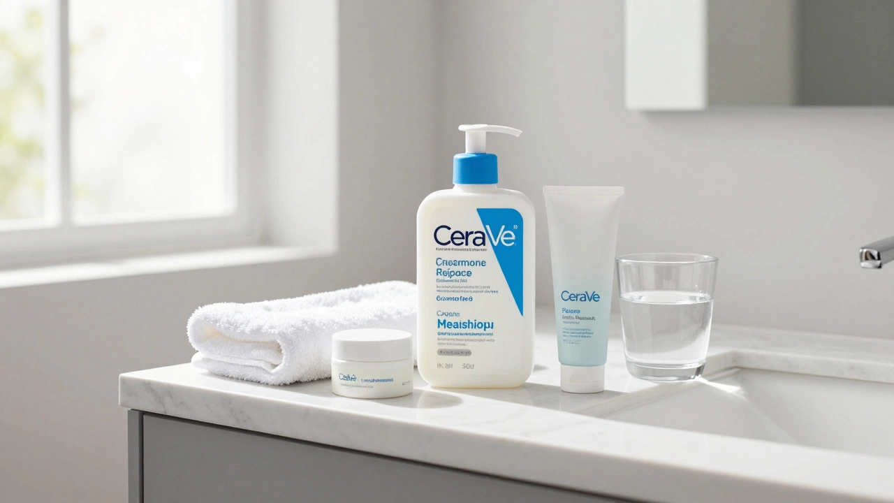 CeraVe moisturizing products arranged on a bright, clean white marble bathroom counter.
