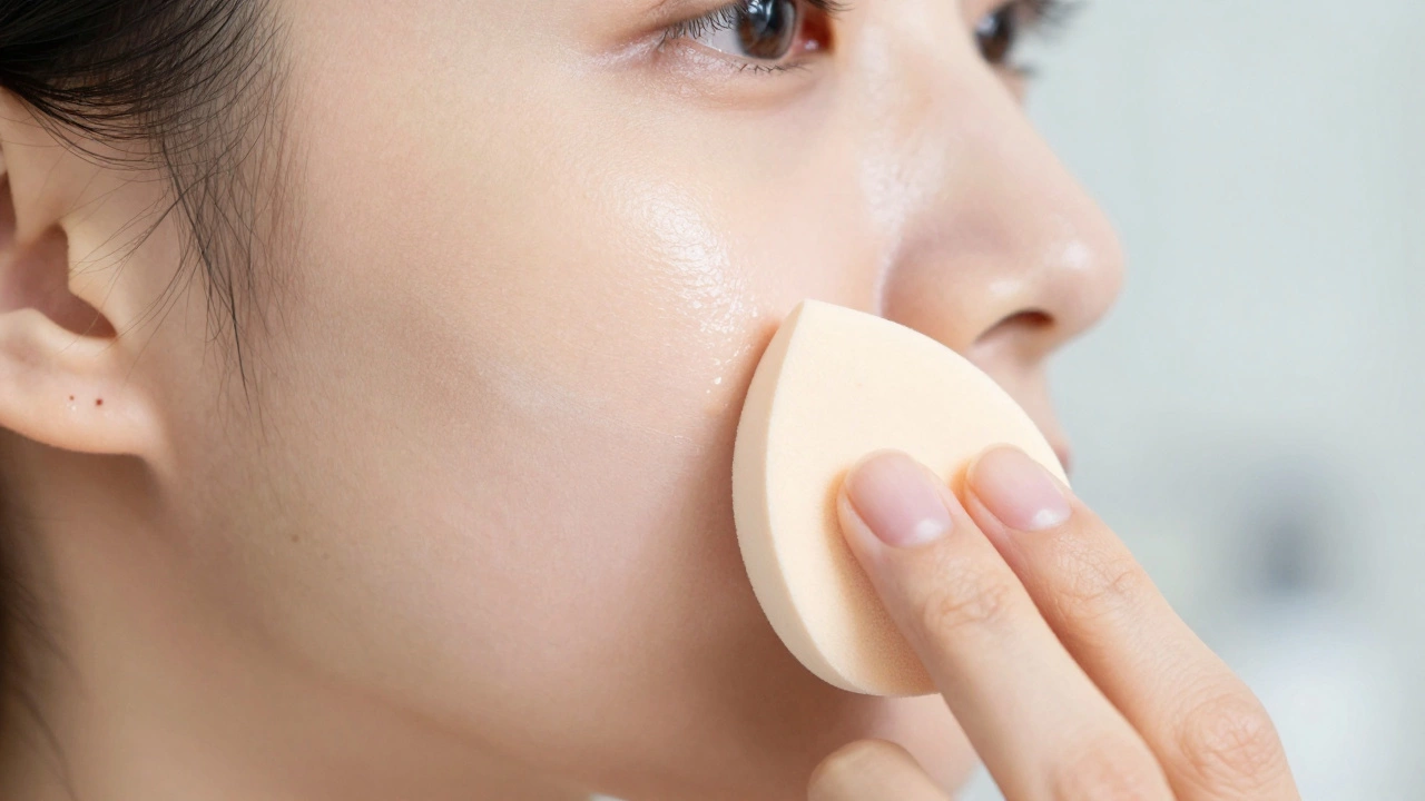 Close-up of a beauty sponge blending BB cream into a cheek for a natural finish