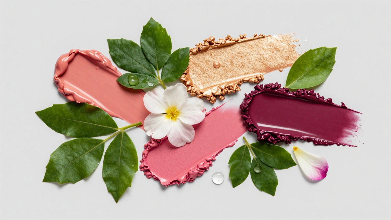 Colorful makeup swatches mixed with botanical leaves and plant-based ingredients