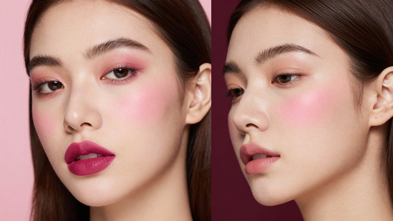 Comparison of a bold matte lip look and a natural glowing blush look