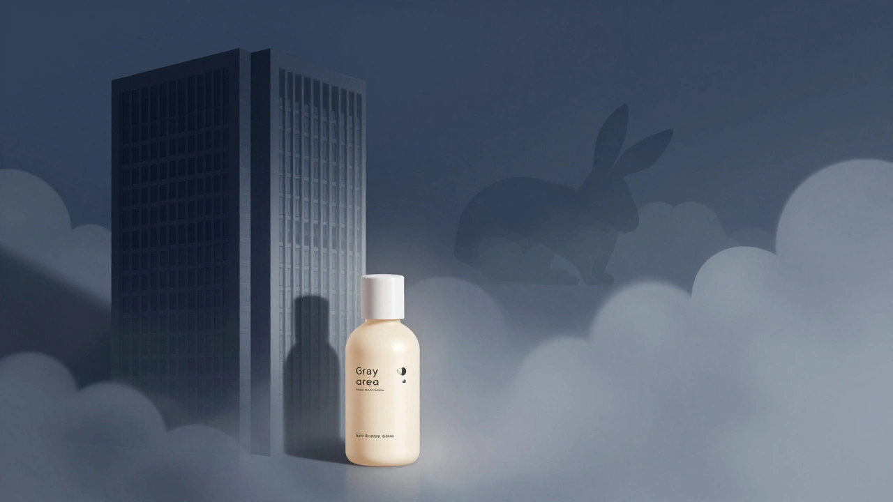 Conceptual art showing a skincare bottle separated from a corporate building by a gray mist