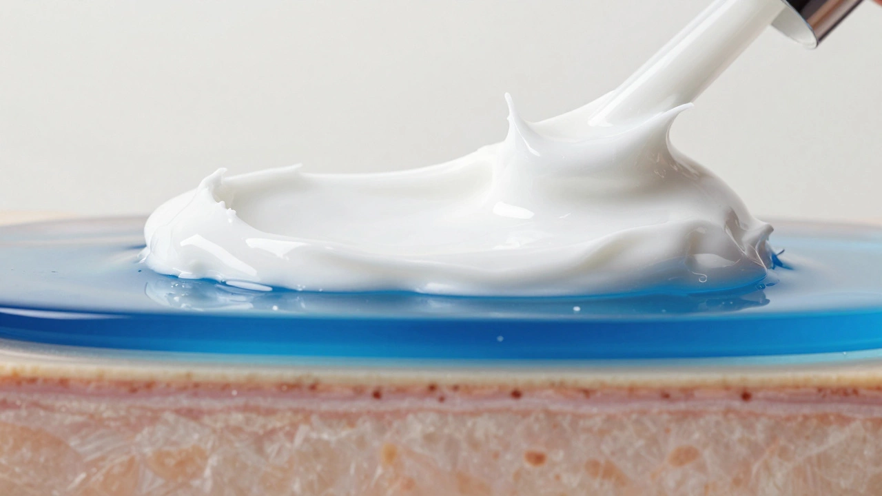 Conceptual visual of a thick white moisturizer sealing a blue active serum into the skin