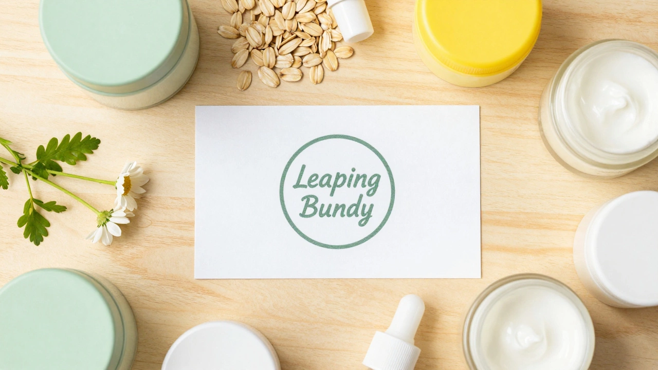 Ethical skincare products and raw oats surrounding a Leaping Bunny certification logo