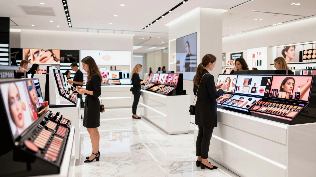 Interior of a luxury beauty store with glowing shelves of makeup products