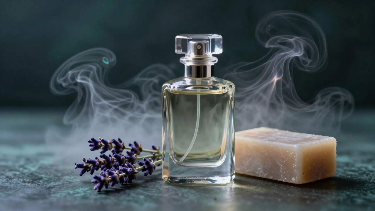 Luxury perfume bottle and organic soap bar with lavender on a moody teal background