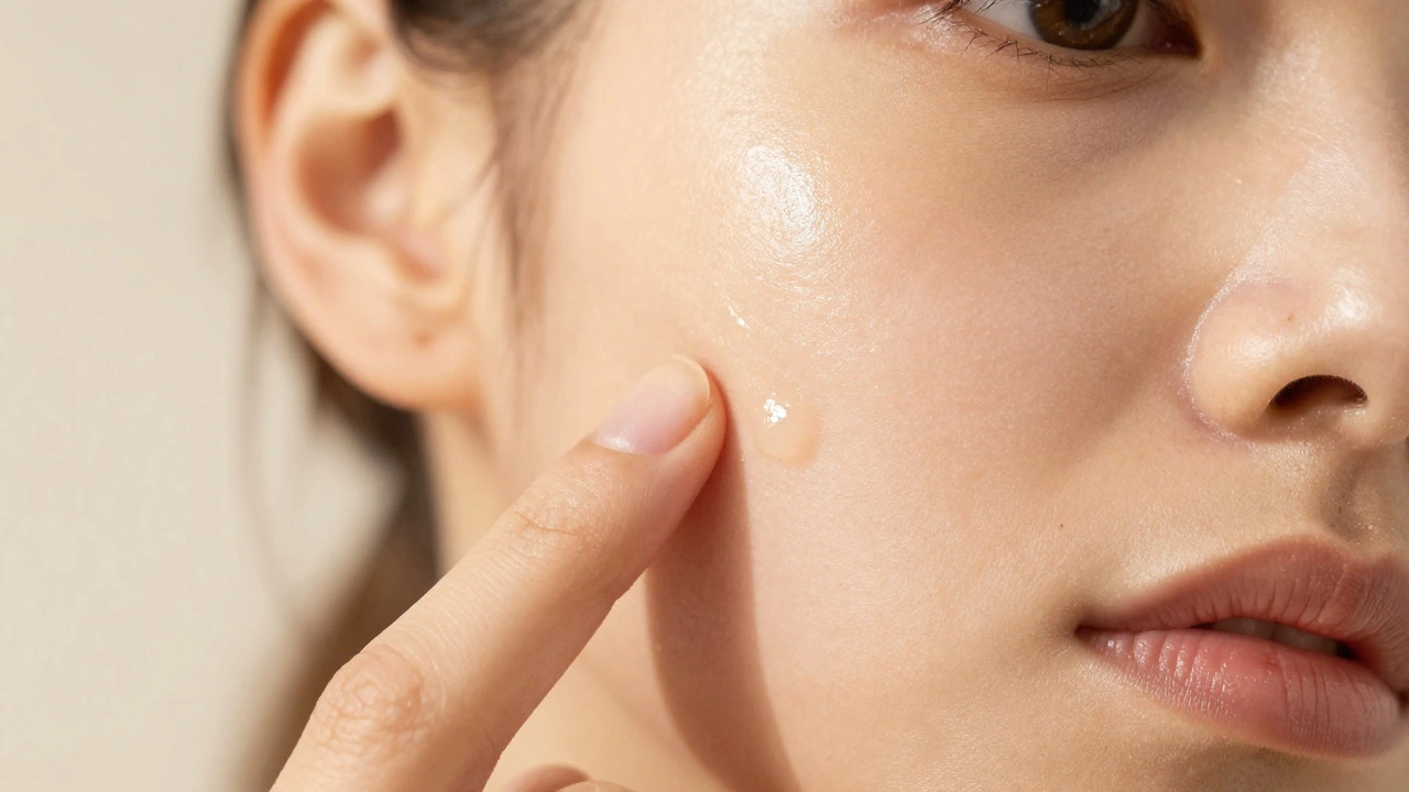 Macro shot of a finger touching plump, hydrated skin to check for absorption