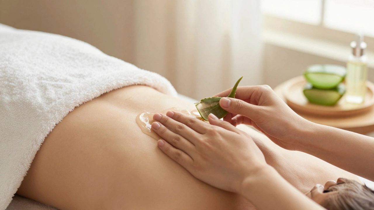 Person applying soothing aloe vera gel to skin in a bright, calm spa environment