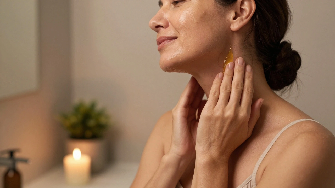 Woman in her 40s applying organic face oil to her neck during a relaxing nighttime skincare routine.
