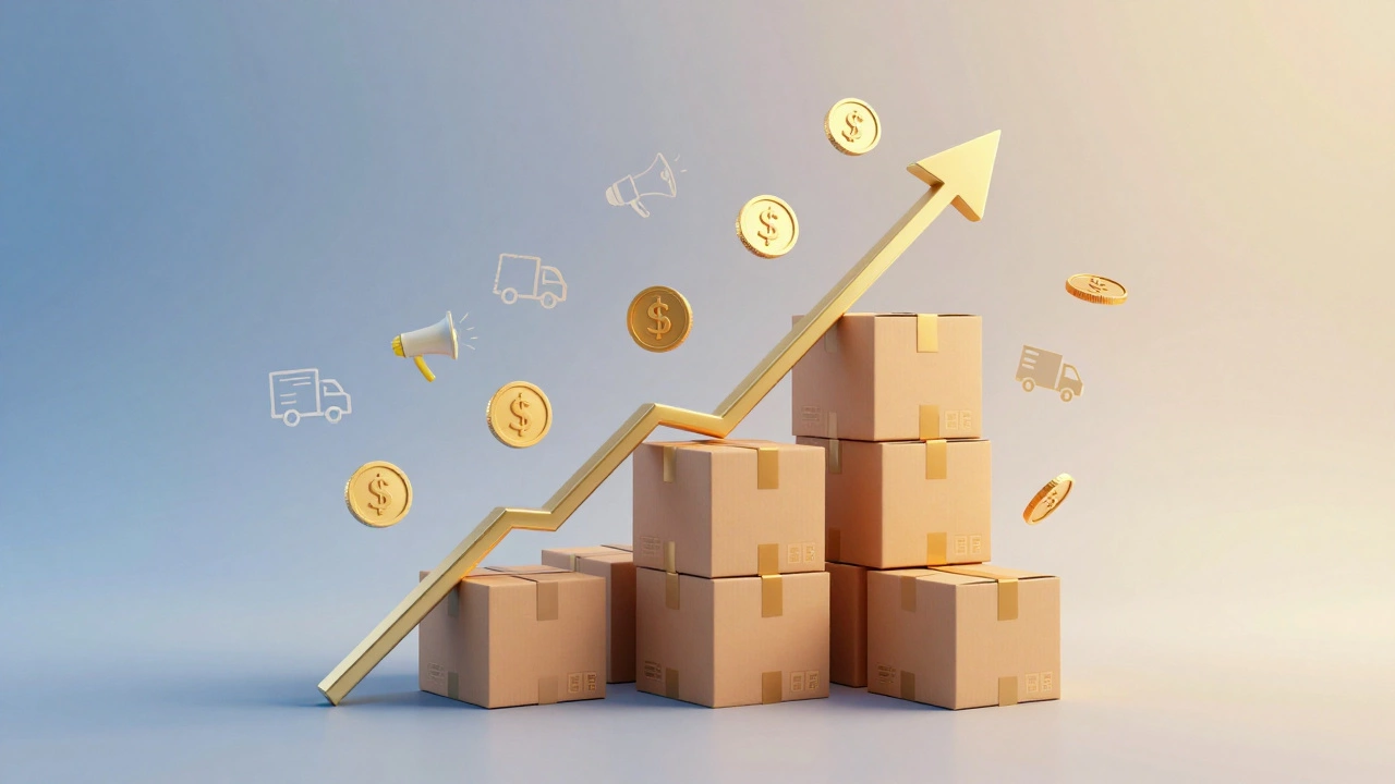 3D concept art showing business growth rising above shipping boxes