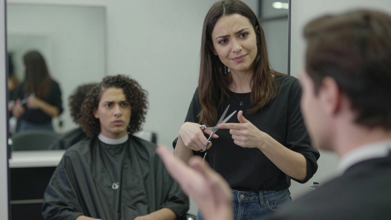 Awkward salon moment: client talking intensely while stylist smiles politely.