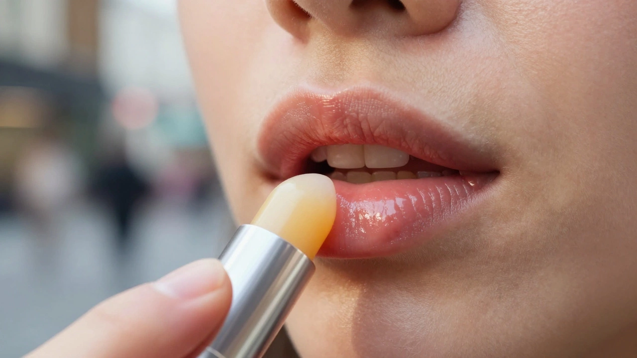 Close-up of hands applying lip balm to lips in a natural setting.