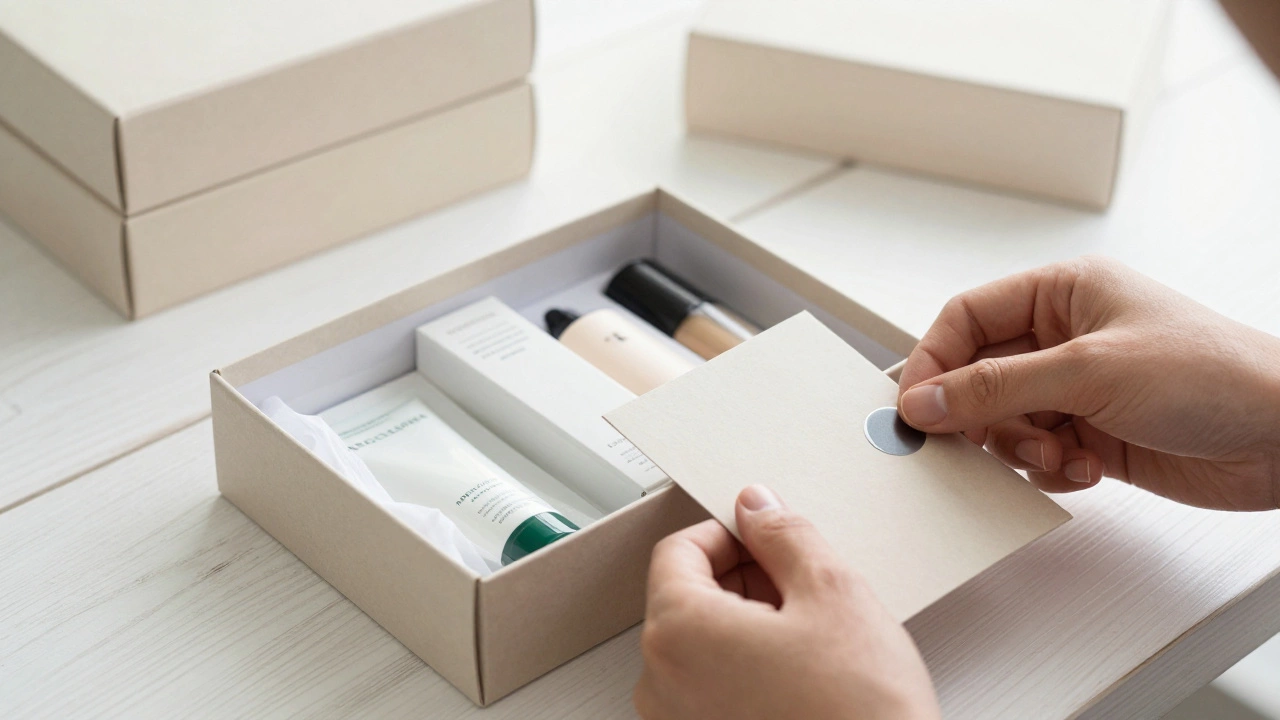 Close-up of hands assembling a curated beauty subscription box with samples