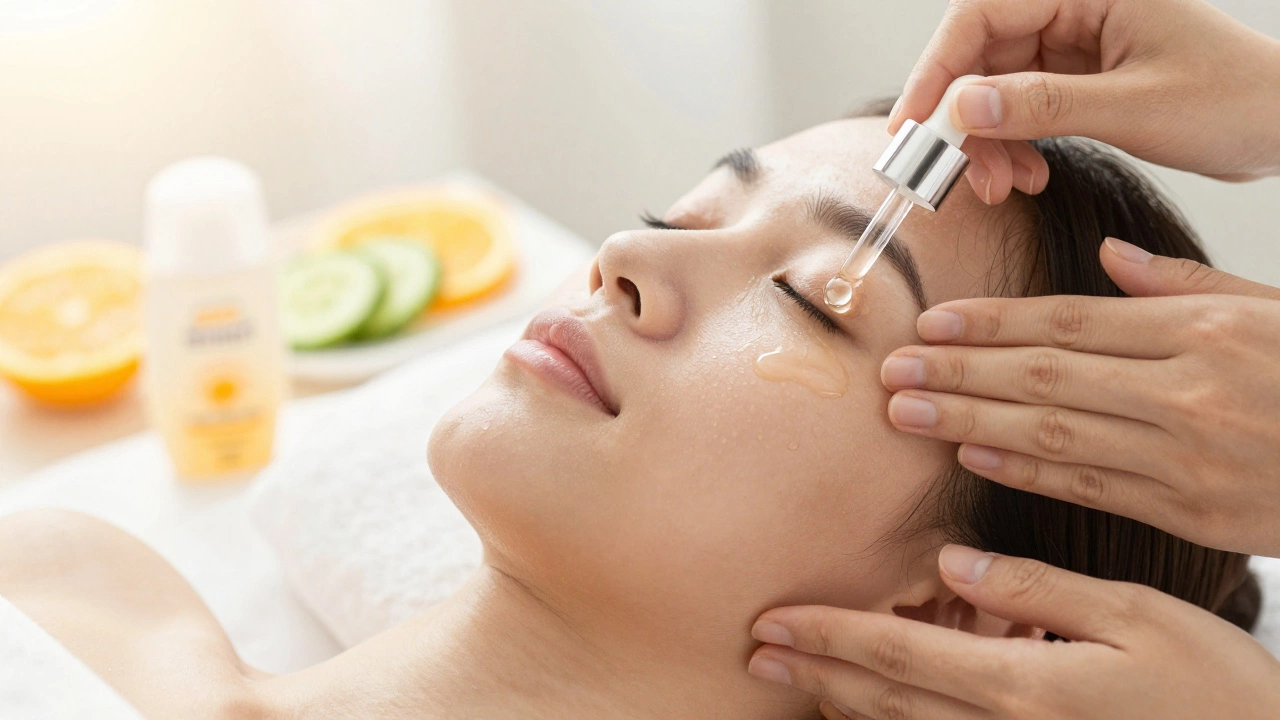 Close-up of hydrating serum being applied to glowing, healthy skin